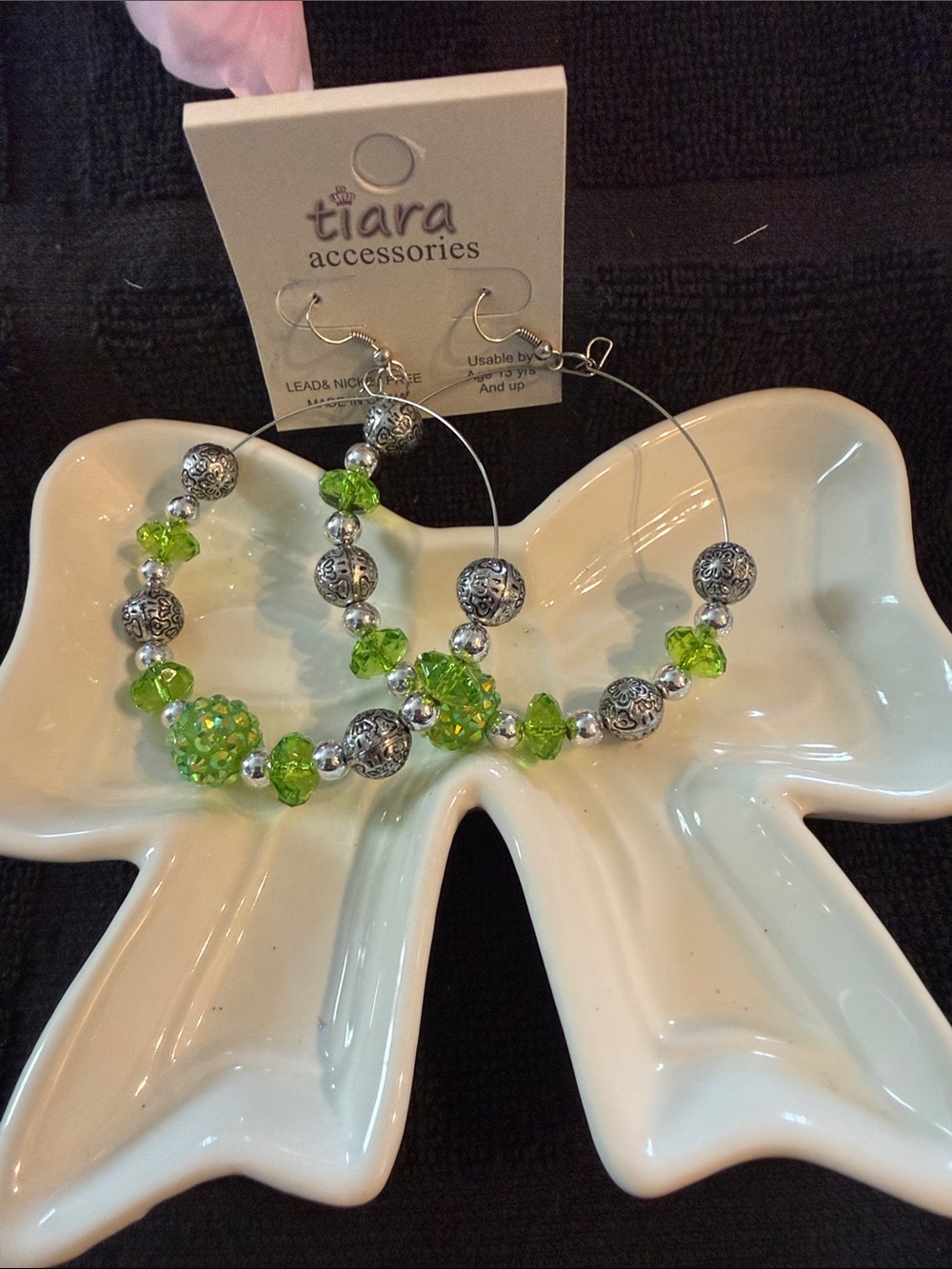 Tiara Silver-Tone Hoop Earrings with Bright Green Beads